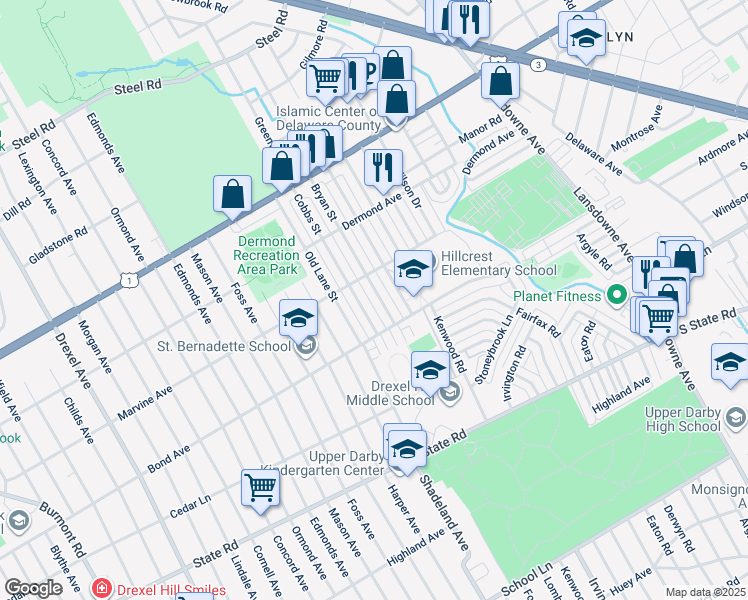 map of restaurants, bars, coffee shops, grocery stores, and more near 1024 Bryan Street in Drexel Hill