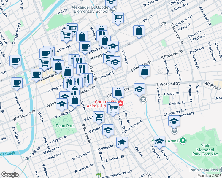 map of restaurants, bars, coffee shops, grocery stores, and more near 254 East Prospect Street in York