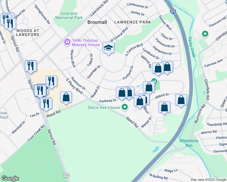 map of restaurants, bars, coffee shops, grocery stores, and more near 421 Warren Boulevard in Broomall