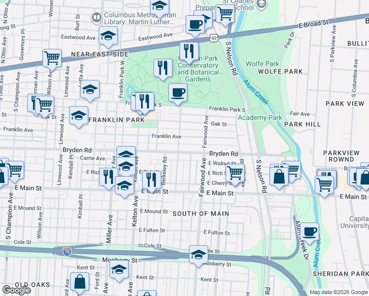 map of restaurants, bars, coffee shops, grocery stores, and more near 1691 Bryden Road in Columbus