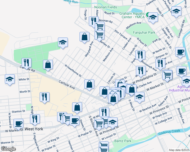 map of restaurants, bars, coffee shops, grocery stores, and more near 704 Madison Avenue in York
