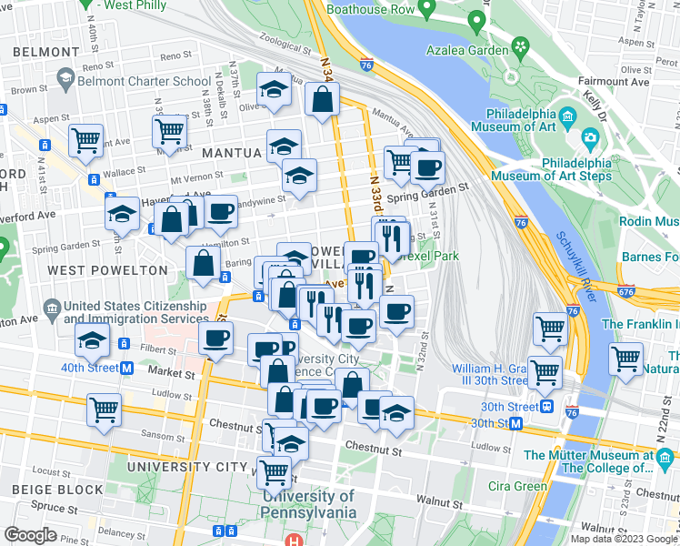 map of restaurants, bars, coffee shops, grocery stores, and more near 3409 Powelton Avenue in Philadelphia