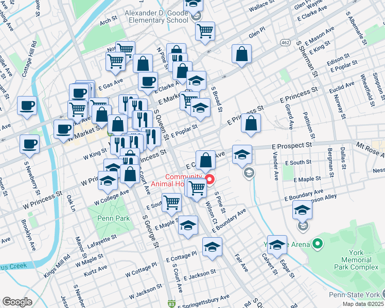 map of restaurants, bars, coffee shops, grocery stores, and more near 254 East Prospect Street in York