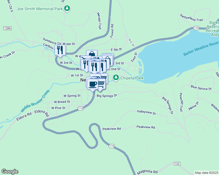 map of restaurants, bars, coffee shops, grocery stores, and more near 60 Lakeview Drive in Nederland