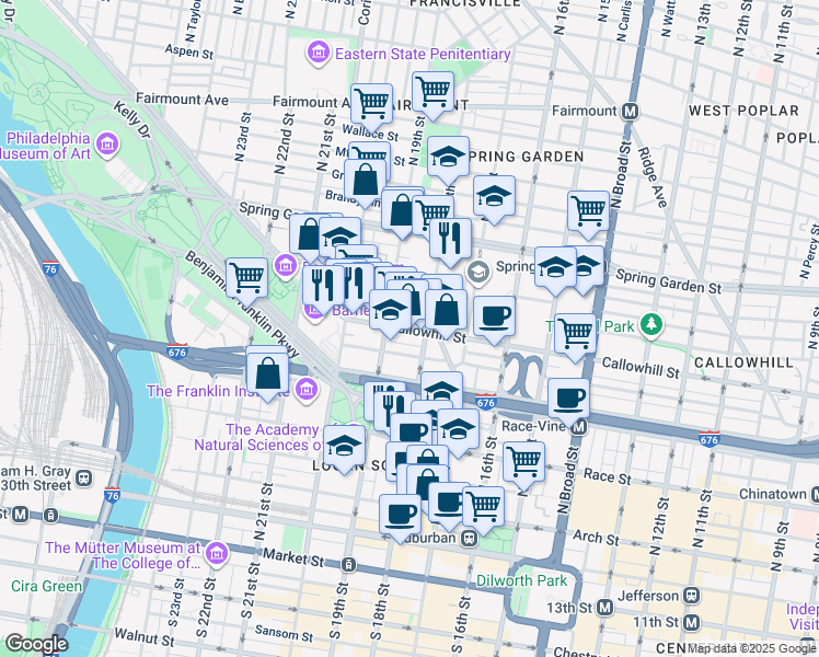 map of restaurants, bars, coffee shops, grocery stores, and more near 319 North 19th Street in Philadelphia