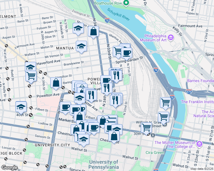 map of restaurants, bars, coffee shops, grocery stores, and more near in Philadelphia