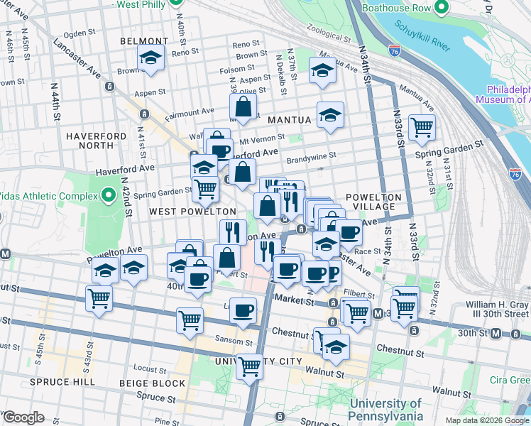 map of restaurants, bars, coffee shops, grocery stores, and more near 3823 Pearl Street in Philadelphia