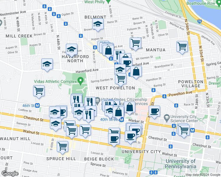 map of restaurants, bars, coffee shops, grocery stores, and more near in Philadelphia