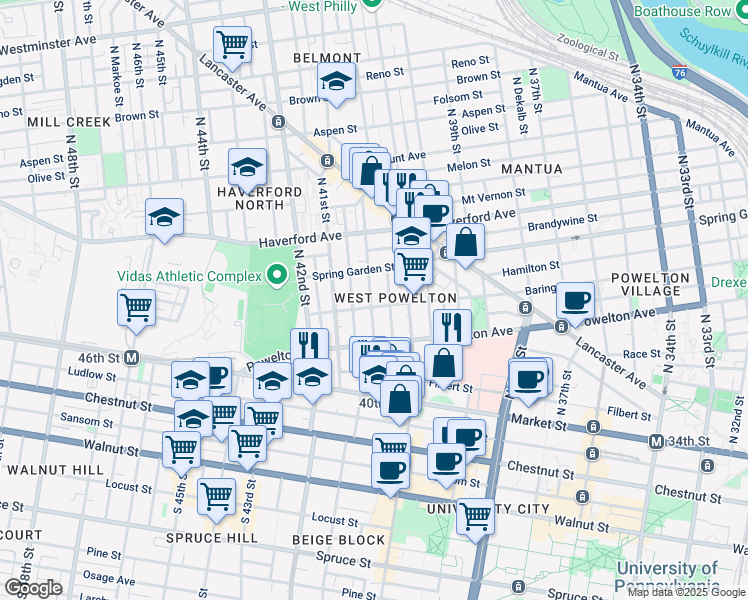 map of restaurants, bars, coffee shops, grocery stores, and more near 4038 Baring Street in Philadelphia