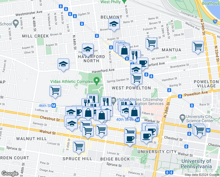 map of restaurants, bars, coffee shops, grocery stores, and more near in Philadelphia