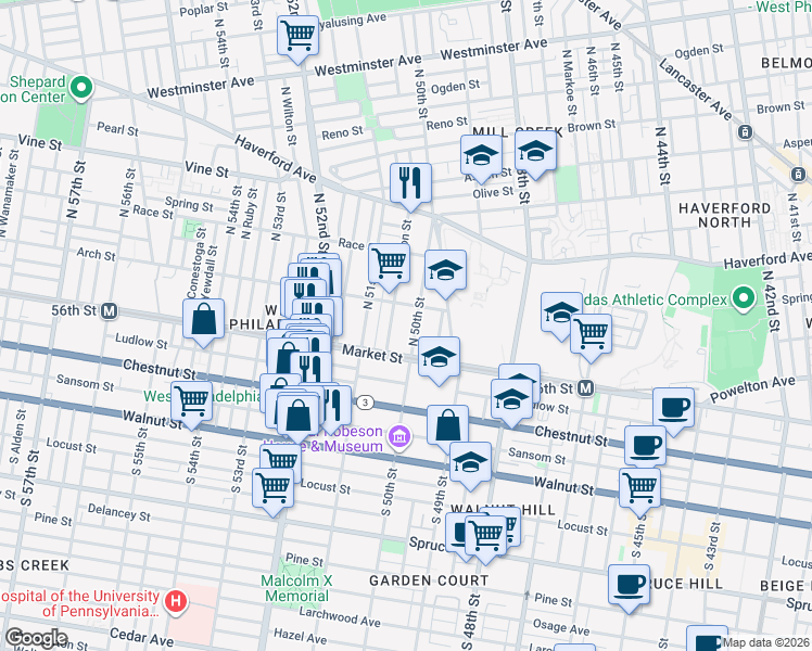 map of restaurants, bars, coffee shops, grocery stores, and more near 13 North 50th Street in Philadelphia