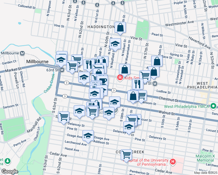 map of restaurants, bars, coffee shops, grocery stores, and more near 114 South Redfield Street in Philadelphia
