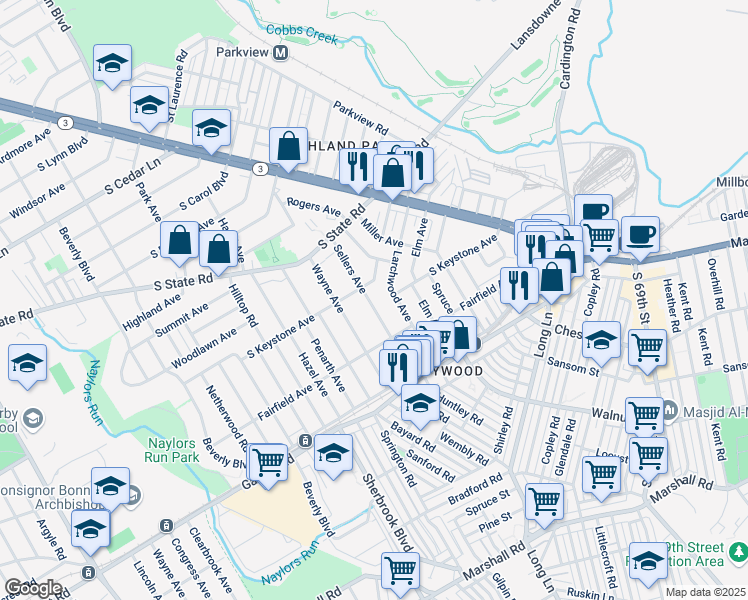 map of restaurants, bars, coffee shops, grocery stores, and more near 7111 Sellers Avenue in Delaware County