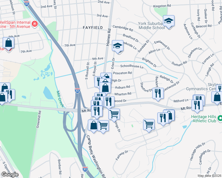 map of restaurants, bars, coffee shops, grocery stores, and more near 2419 Wharton Road in East York