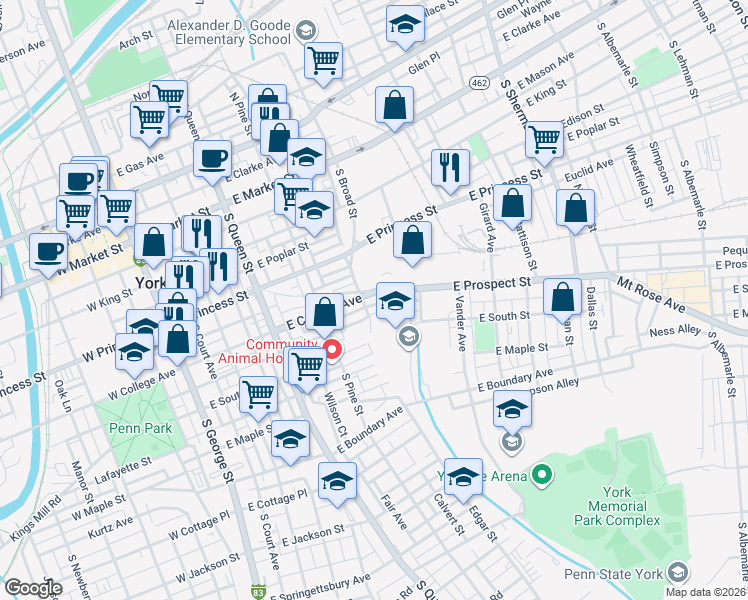 map of restaurants, bars, coffee shops, grocery stores, and more near 355 Liberty Court in York