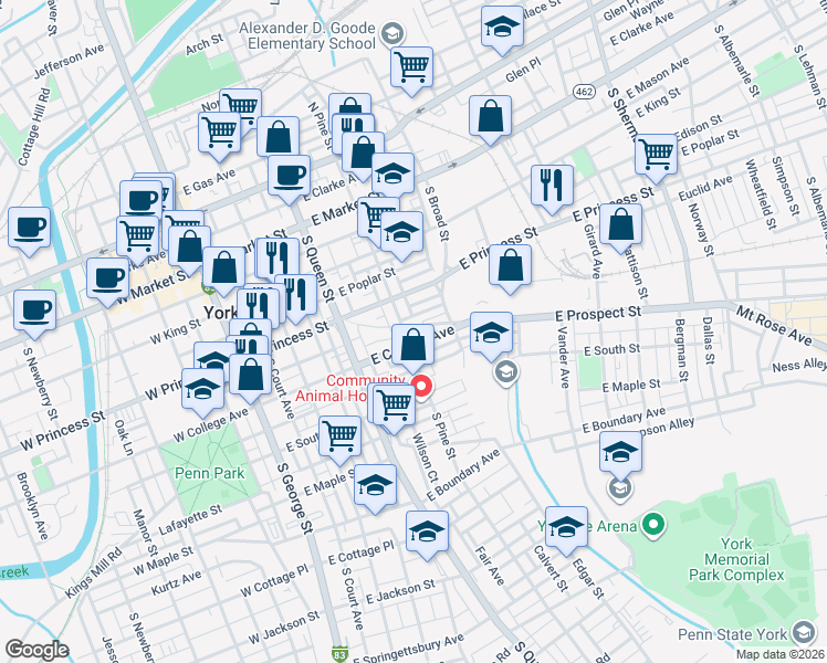 map of restaurants, bars, coffee shops, grocery stores, and more near 312 East College Avenue in York