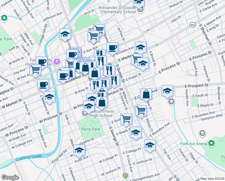 map of restaurants, bars, coffee shops, grocery stores, and more near 40 East Princess Street in York