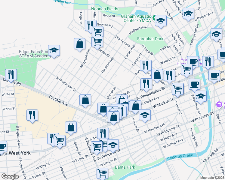map of restaurants, bars, coffee shops, grocery stores, and more near 654 Lincoln Street in York