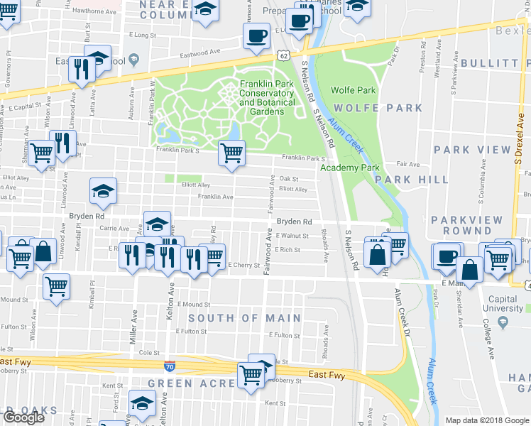 map of restaurants, bars, coffee shops, grocery stores, and more near in Columbus
