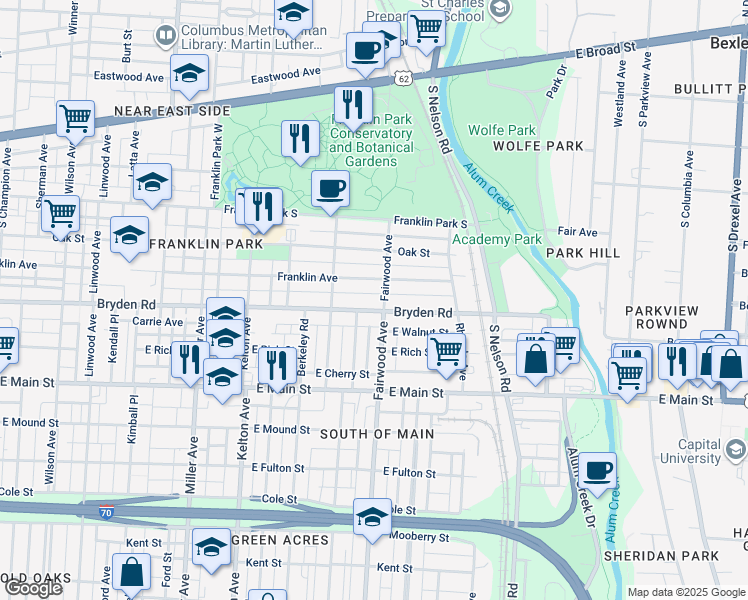 map of restaurants, bars, coffee shops, grocery stores, and more near in Columbus
