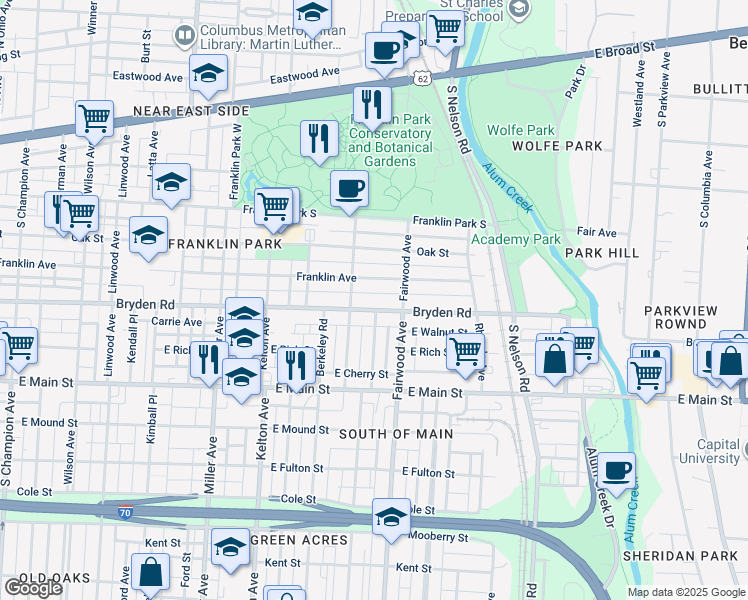 map of restaurants, bars, coffee shops, grocery stores, and more near 1691 Bryden Road in Columbus
