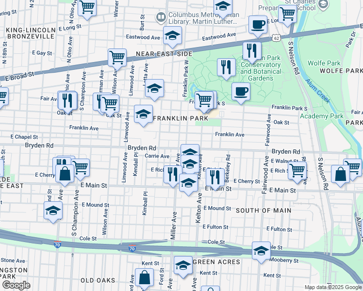map of restaurants, bars, coffee shops, grocery stores, and more near 1459 Bryden Road in Columbus