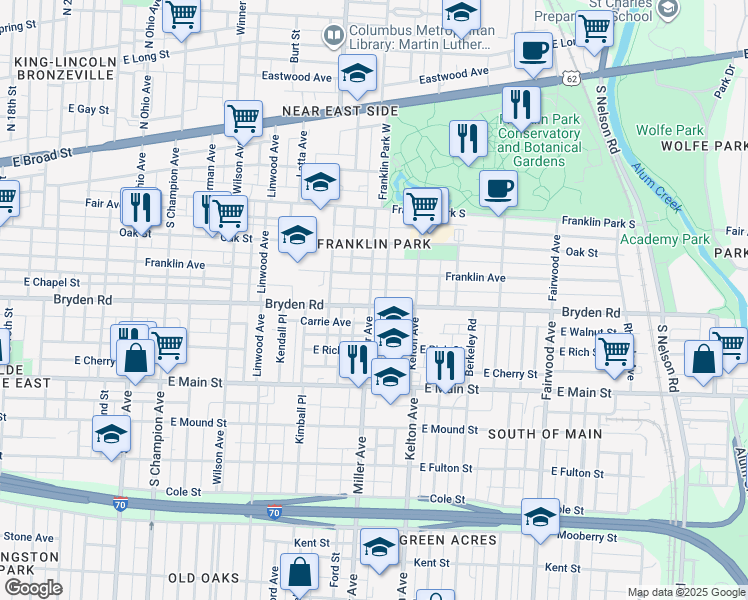 map of restaurants, bars, coffee shops, grocery stores, and more near 1459 Bryden Road in Columbus