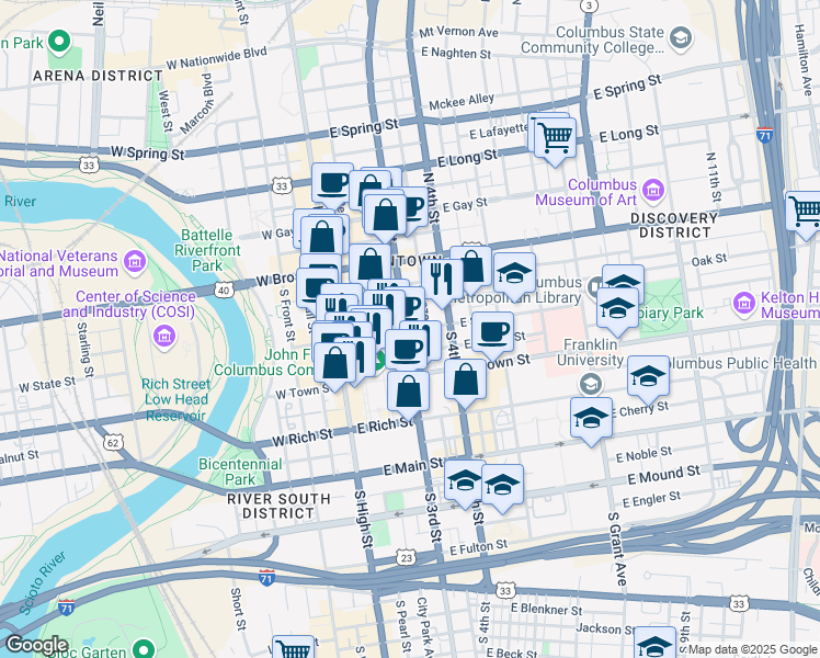 map of restaurants, bars, coffee shops, grocery stores, and more near 111 South 3rd Street in Columbus