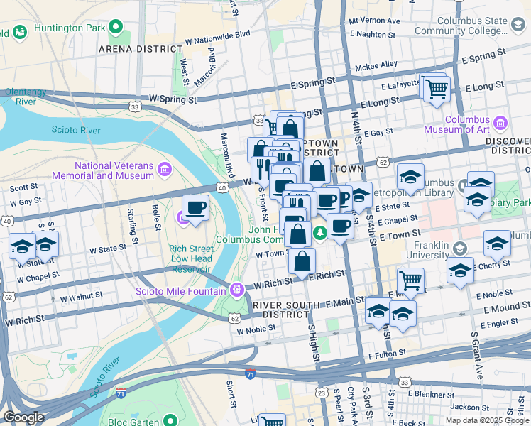 map of restaurants, bars, coffee shops, grocery stores, and more near 77 South Front Street in Columbus
