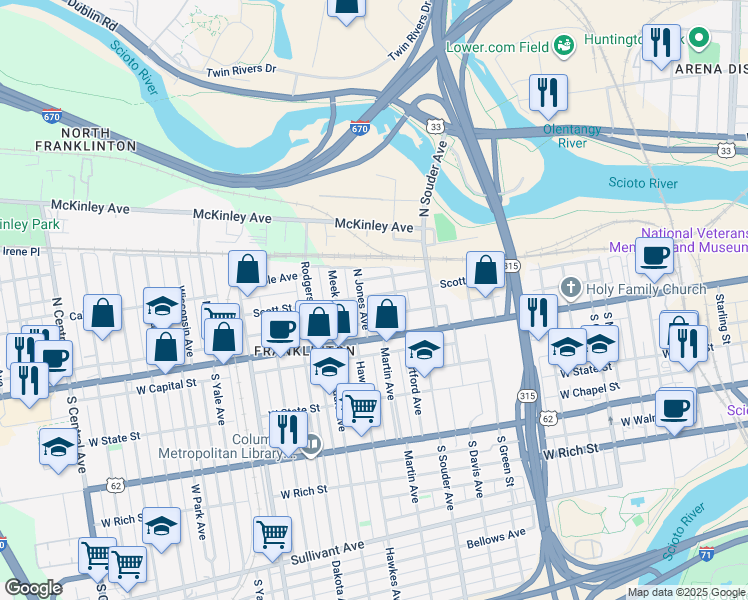 map of restaurants, bars, coffee shops, grocery stores, and more near 900 West Broad Street in Columbus
