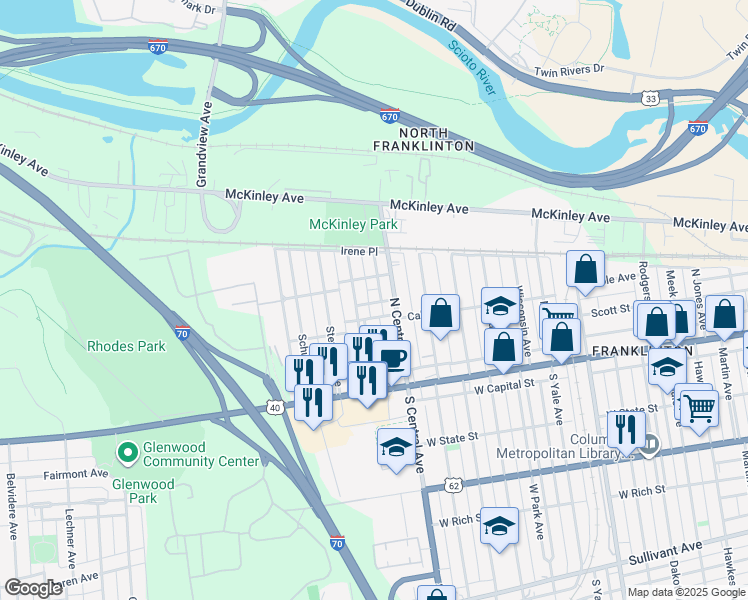 map of restaurants, bars, coffee shops, grocery stores, and more near 112 North Guilford Avenue in Columbus