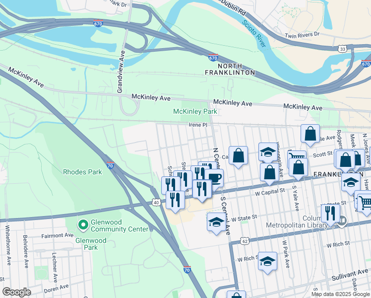 map of restaurants, bars, coffee shops, grocery stores, and more near 126 Stevens Avenue in Columbus