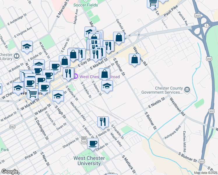 map of restaurants, bars, coffee shops, grocery stores, and more near 510 East Barnard Street in West Chester