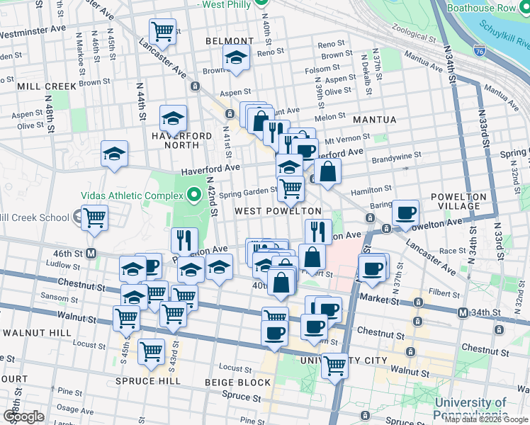 map of restaurants, bars, coffee shops, grocery stores, and more near 4025 Baring Street in Philadelphia