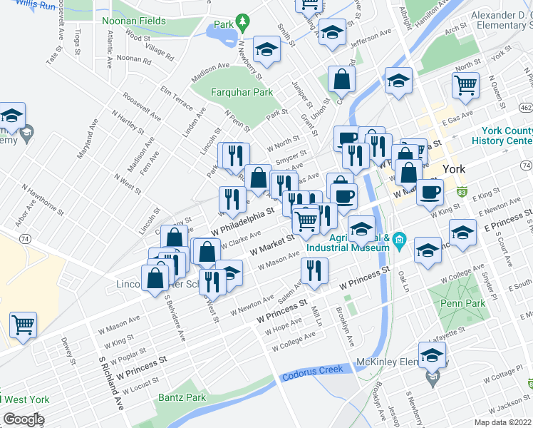 map of restaurants, bars, coffee shops, grocery stores, and more near 432 West Philadelphia Street in York