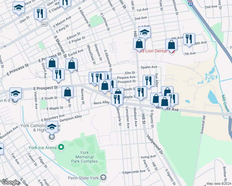 map of restaurants, bars, coffee shops, grocery stores, and more near 611 South Albemarle Street in York