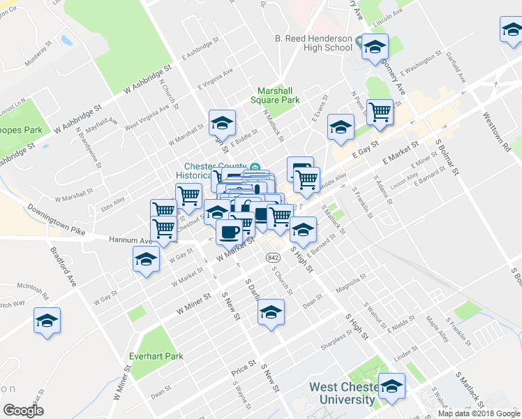 map of restaurants, bars, coffee shops, grocery stores, and more near 4 North High Street in West Chester