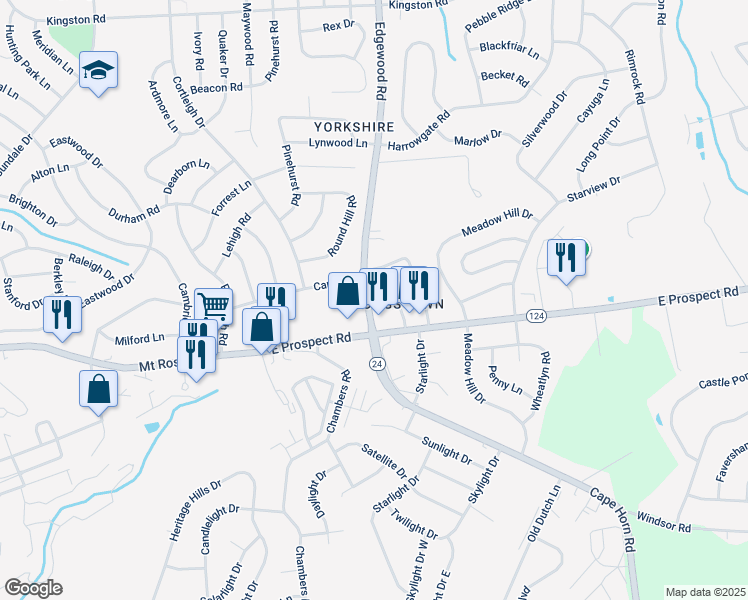 map of restaurants, bars, coffee shops, grocery stores, and more near 835 Edgewood Road in York