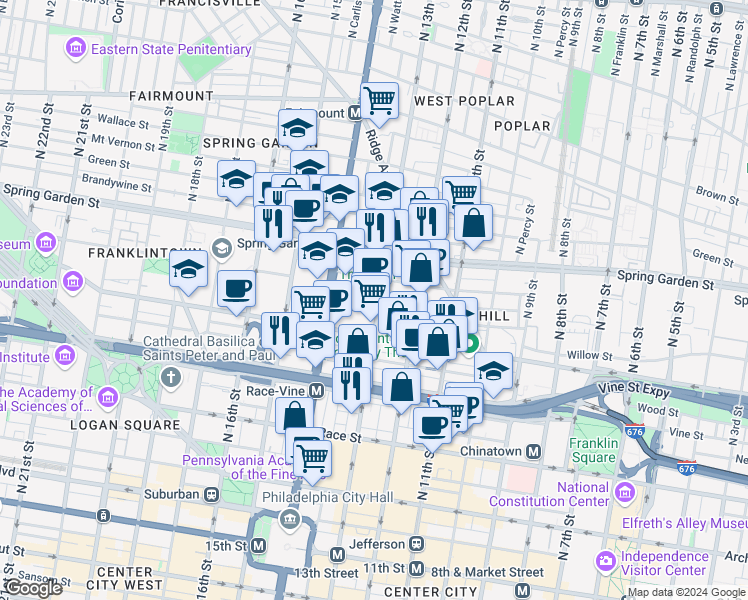 map of restaurants, bars, coffee shops, grocery stores, and more near 428-40 North 13th Street in Philadelphia