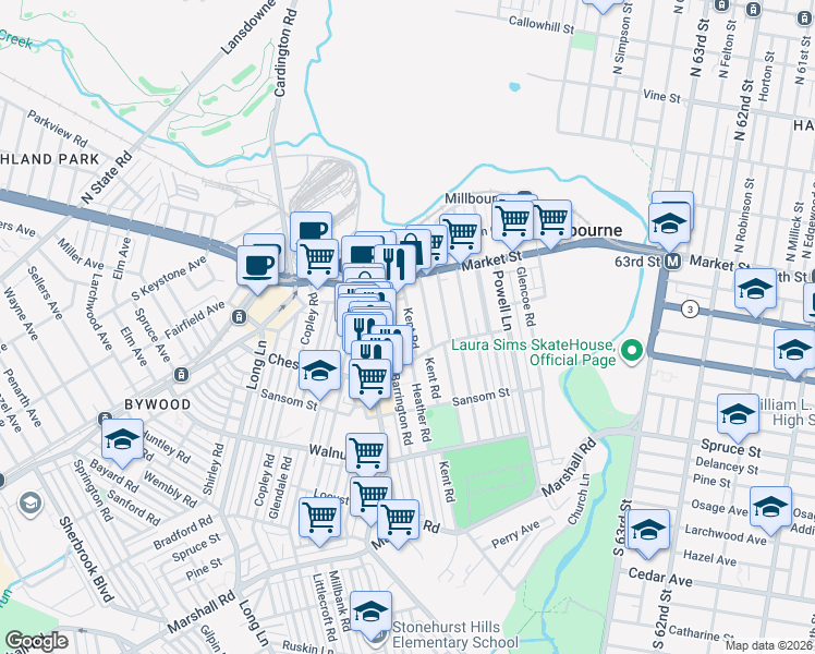 map of restaurants, bars, coffee shops, grocery stores, and more near 45 Kent Road in Delaware County