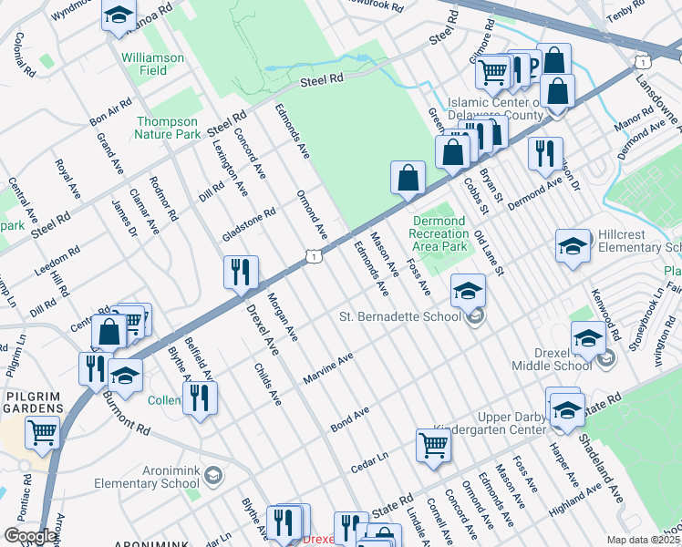 map of restaurants, bars, coffee shops, grocery stores, and more near 1217 Concord Avenue in Drexel Hill