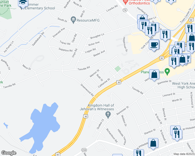 map of restaurants, bars, coffee shops, grocery stores, and more near 1162 Ruth Street in York