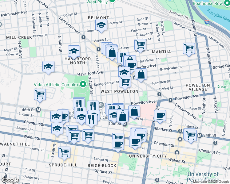map of restaurants, bars, coffee shops, grocery stores, and more near 4021 Baring Street in Philadelphia
