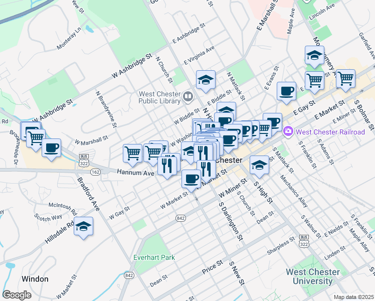 map of restaurants, bars, coffee shops, grocery stores, and more near 212 West Chestnut Street in West Chester