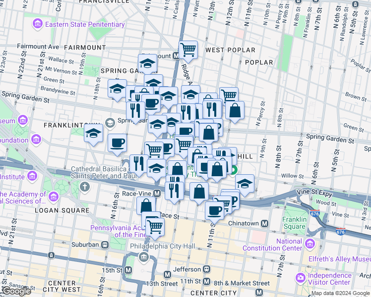 map of restaurants, bars, coffee shops, grocery stores, and more near 428-40 North 13th Street in Philadelphia