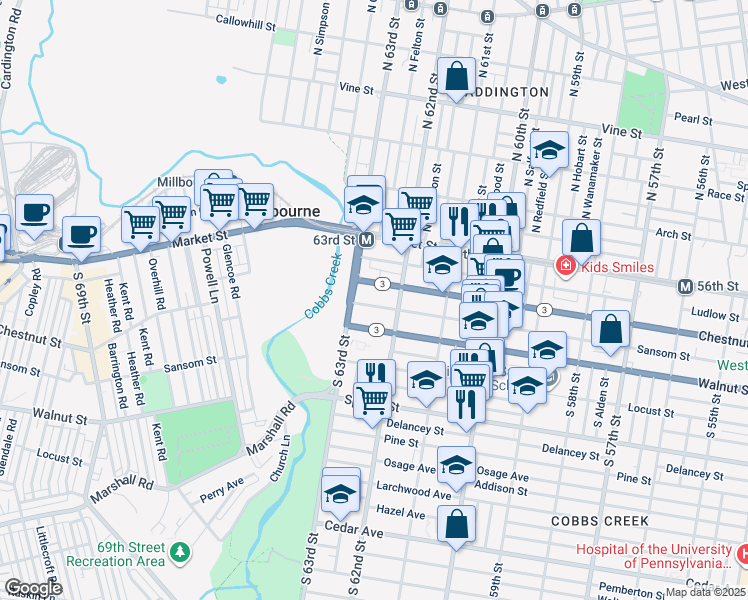 map of restaurants, bars, coffee shops, grocery stores, and more near 6233 Sansom Street in Philadelphia