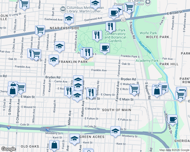 map of restaurants, bars, coffee shops, grocery stores, and more near 1639 Bryden Road in Columbus