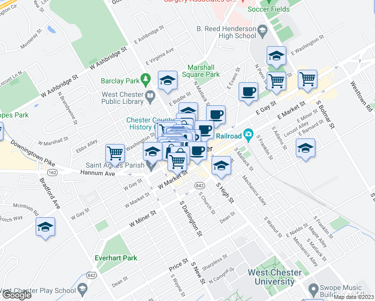map of restaurants, bars, coffee shops, grocery stores, and more near 11 West Gay Street in West Chester