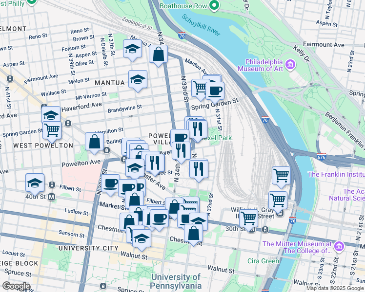 map of restaurants, bars, coffee shops, grocery stores, and more near 3323 Powelton Avenue in Philadelphia