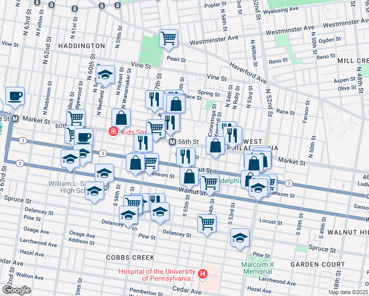 map of restaurants, bars, coffee shops, grocery stores, and more near 5560 Ludlow Street in Philadelphia